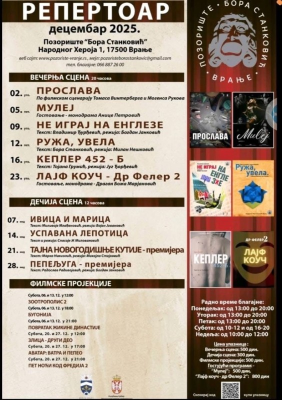 Pozorišni i bioskopski repertoar za vikend u Vranju
