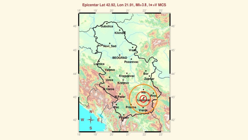 Registrovan zemljotres jačine 3,8 stepeni po Rihterovoj skali kod Leskovca